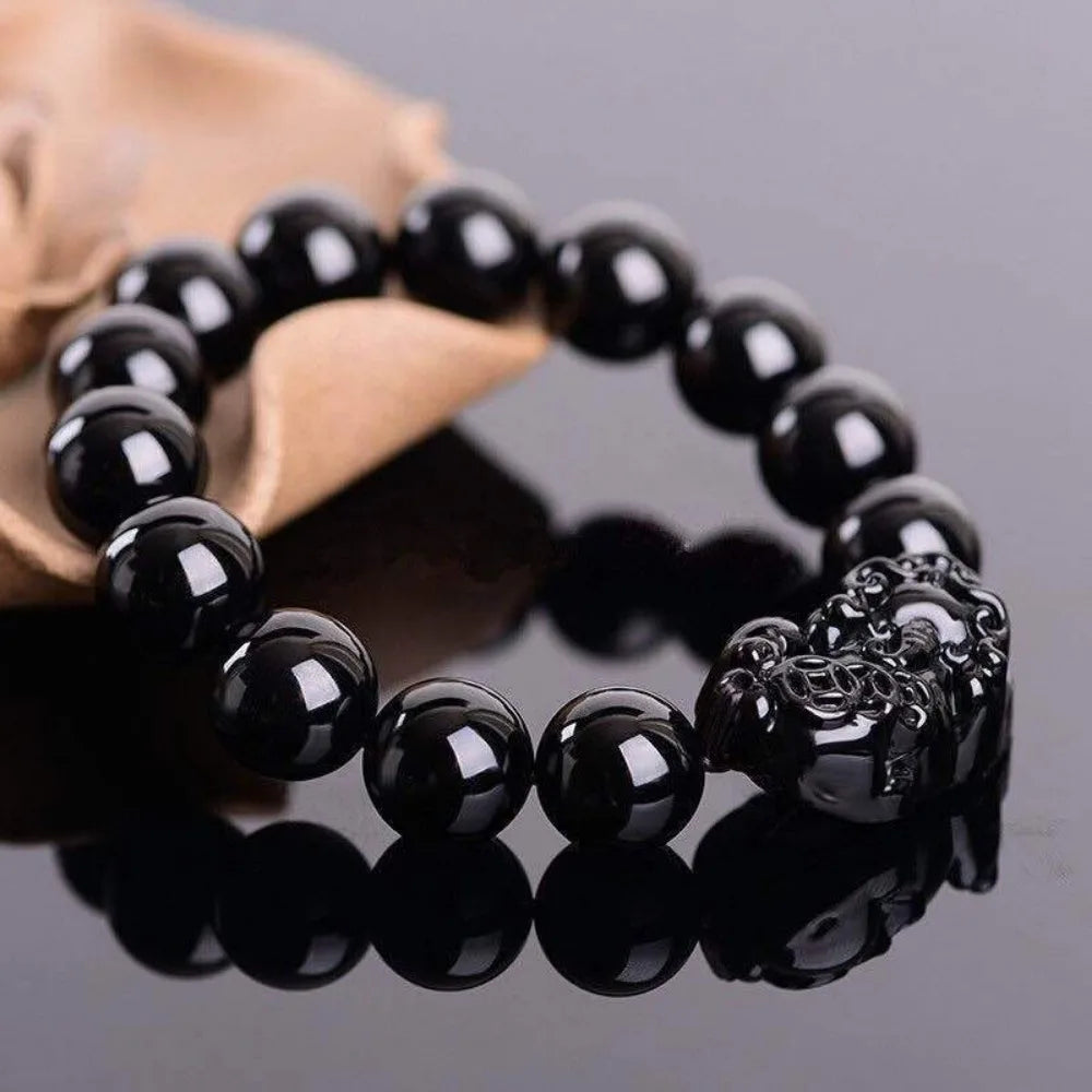 Black Obsidian Style Pixiu Beaded Bracelet