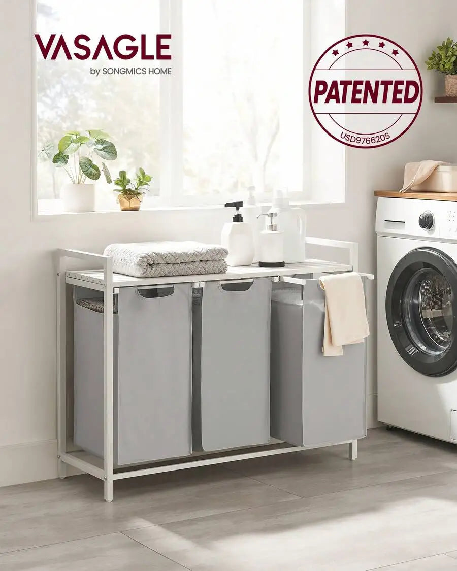 3-Section Laundry Sorter Hamper with Removable Bags & Pull Handles