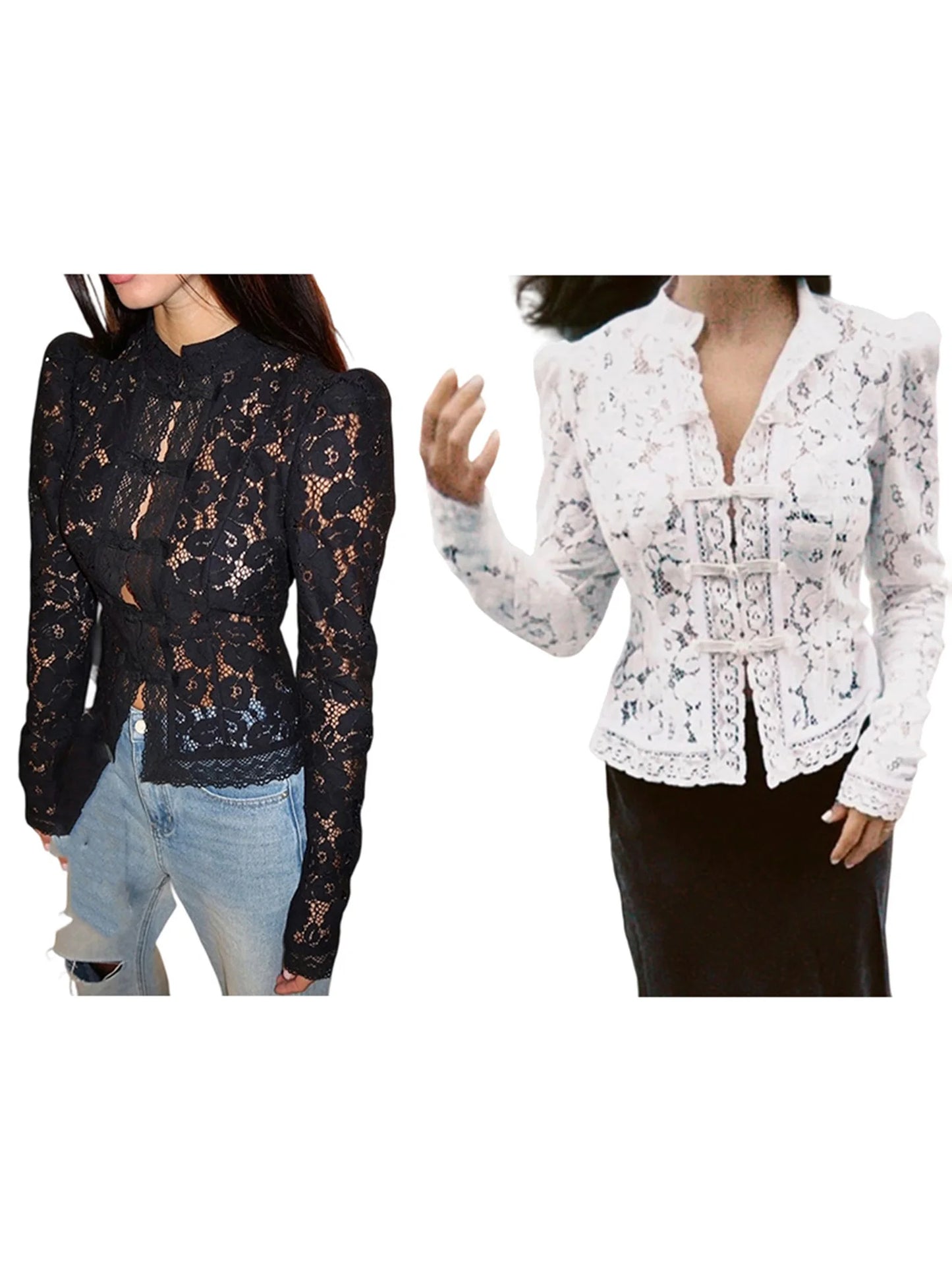 Women s Floral Lace Blouse Long Sleeve Button-up  Fit Elegant Spring Sheer Top for Work or Date Night