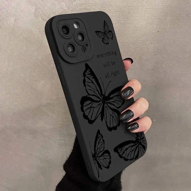 Minimalist Butterfly iPhone Case .  Matte Black Aesthetic Protective Phone Cover (iPhone 11–17 Series