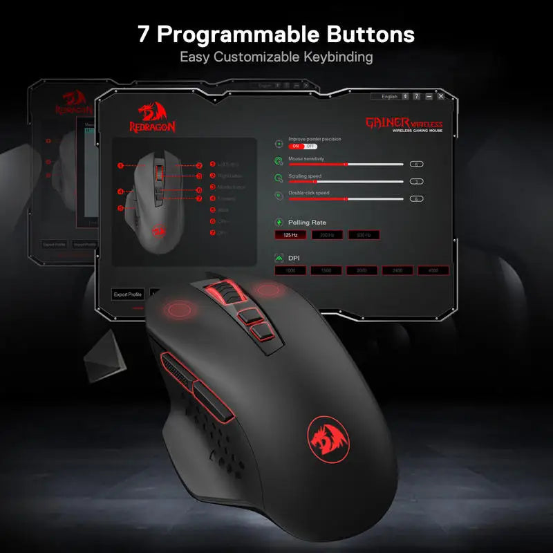 Redragon M656 Gainer Wireless Gaming Mouse, 4000 DPI 2.4GHz Ergonomic Optical Mouse with Programmable Buttons for PC, Laptop & Mac