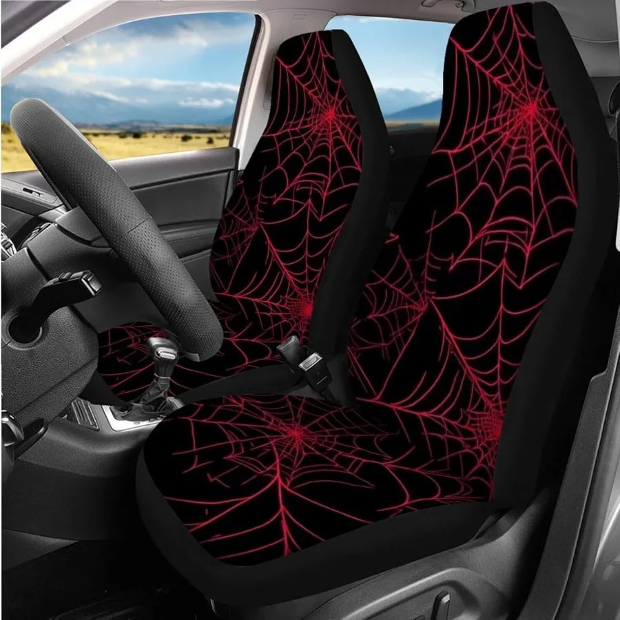 Red Spider Web Car Seat Covers with Steering Wheel Cover Armrest Cushion Seat Belt Covers Cup Holder with Keychain Automotive P