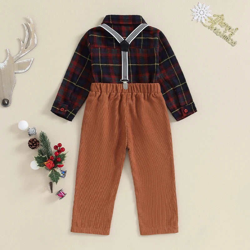 2023-10-20 Lioraitiin 1-7Y Kids Boys Christmas Outfit Plaid Bowtie Lapel Button-Down Shirts Tops Solid Suspender Pant 2Pcs