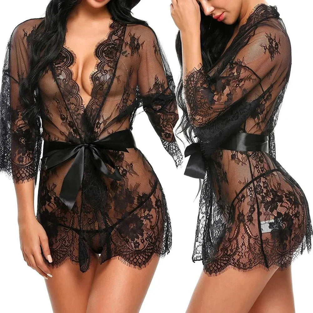 Women's Sheer Lace Robe. Floral Mesh Lingerie Nightgown with Ruffle Trim