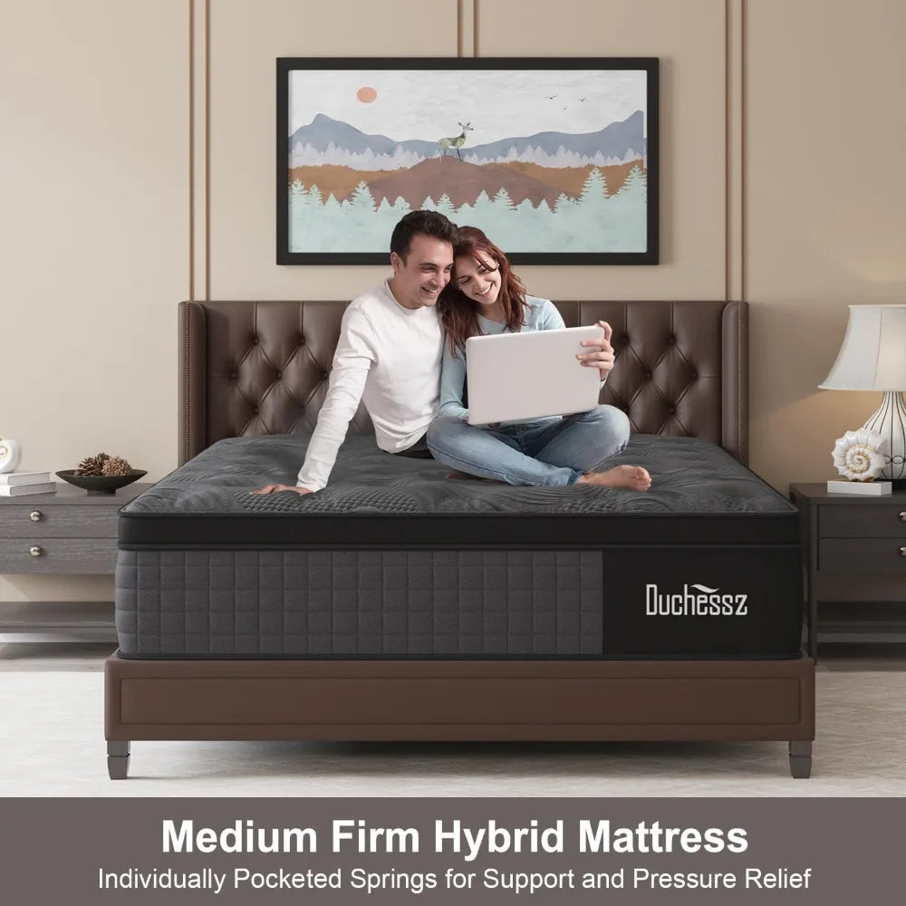 Queen Mattress, 14 Inch Hybrid Mattresses Black with Gel Memory Foam and Individually Pocket Innerspring Euro Top Medium Firm fo