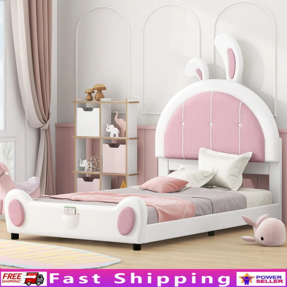 Upholstered Twin Platform Bed with Bunny Headboard Low Profile Kids Bed Easy Assembly Solid Wood Fun Design