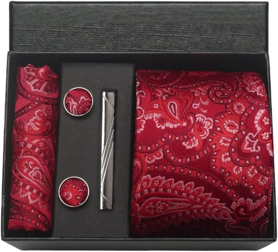 Luxury 100% Silk Paisley Floral Men’s Necktie Set | Business Tie with Matching Pocket Square & Formal Accessories