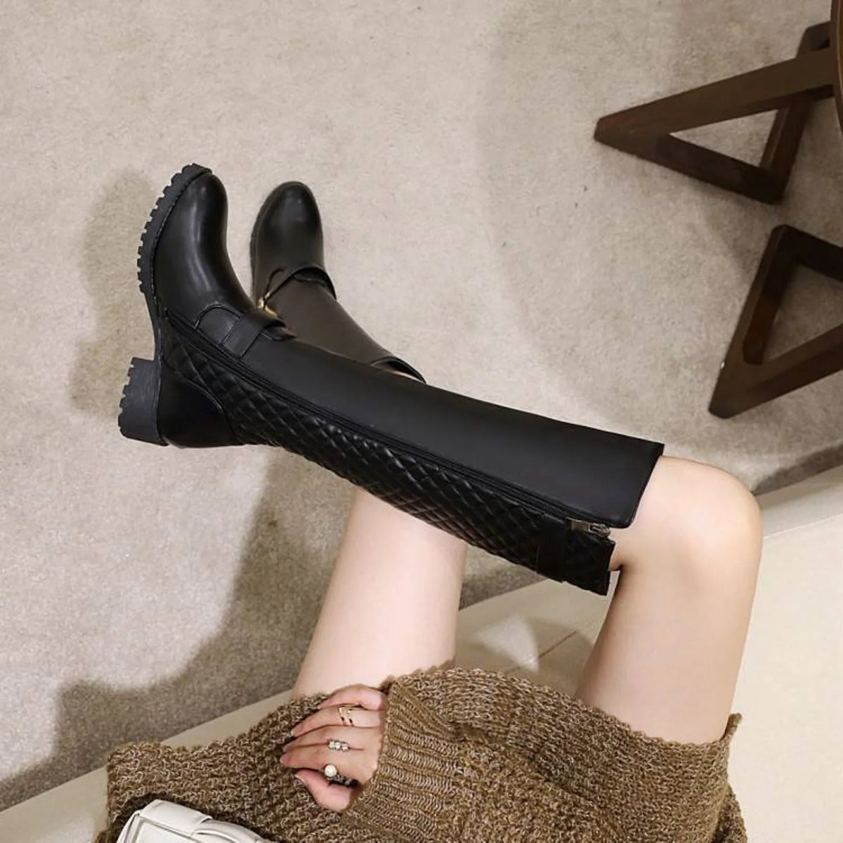 Women’s Knee-High Riding Boots | Buckle Detail Low Heel Boots