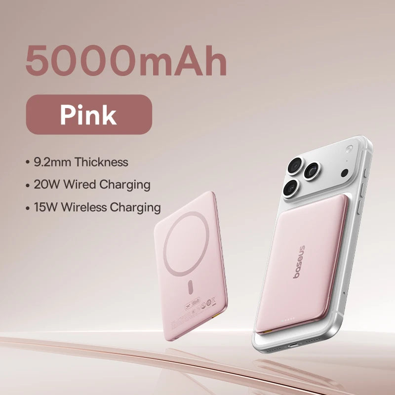 Baseus 5000mAh Magnetic Power Bank 20W PD Fast Charging – 15W Wireless Ultra-Slim Portable Charger for iPhone & USB-C Devices