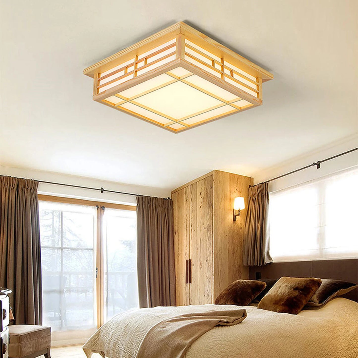 Japan Style Ceiling Lamp Solid Wood Wooden LED Light Flush Mount Ceiling Light with Remote Control For Bedroom Living Room