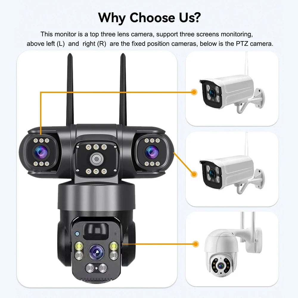 9MP Full HD Solar WiFi Camera 3 Screen 3 Lens 10X Zoom PIR Human Detect Camera Surveillance Night Vision Security Protection