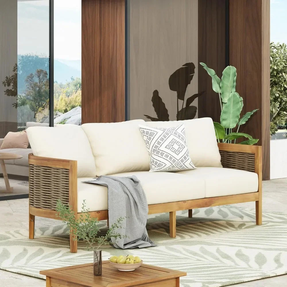 Outdoor Acacia Wood Wicker 3 Seater Patio Sofa Conversation Set