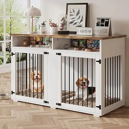 55'' Dog Crate Furniture for 2 Dogs, Wooden Dog Cage with Storage Compartment, Indoor Dog Kennel with 2 Doors for Large/Medium/S