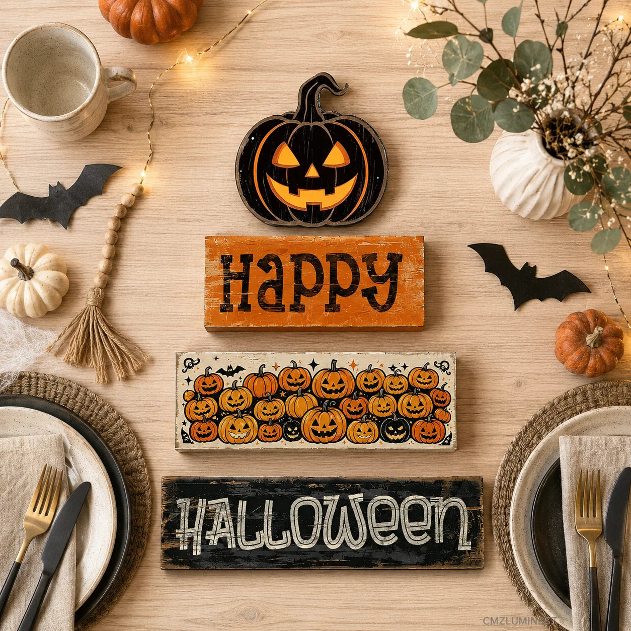 4-Piece Halloween Tiered Tray Décor Set . Rustic Farmhouse Wooden Signs for Halloween Home, Kitchen & Coffee Bar Decorations