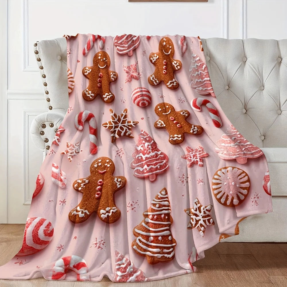 1pc Soft Pink Gingerbread men & Candy stripes Flannel Throw Blanket - Christmas Winter Decor Cozy Warm All-Season Couch Bed