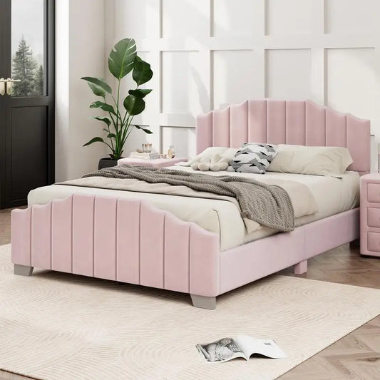 Queen Size Velvet Upholstered Platform Bed Set with Vertical Channel Tufted Headboard and 2 Nightstands with 3 Drawers, Pink