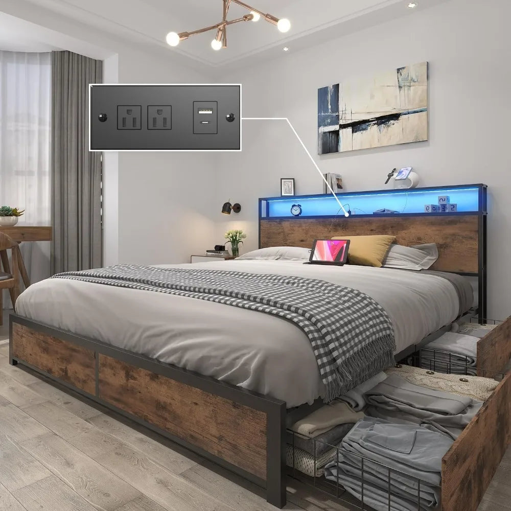 Queen Bed Frame with LED Lights, Charging Station & Storage Headboard