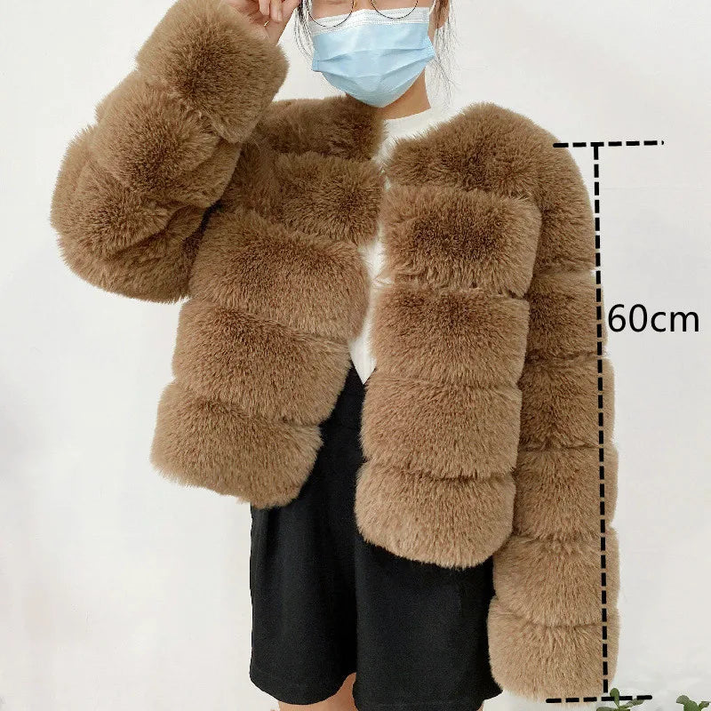 Women's Faux Fur Jacket . Plush Cropped Winter Coat with High Collar