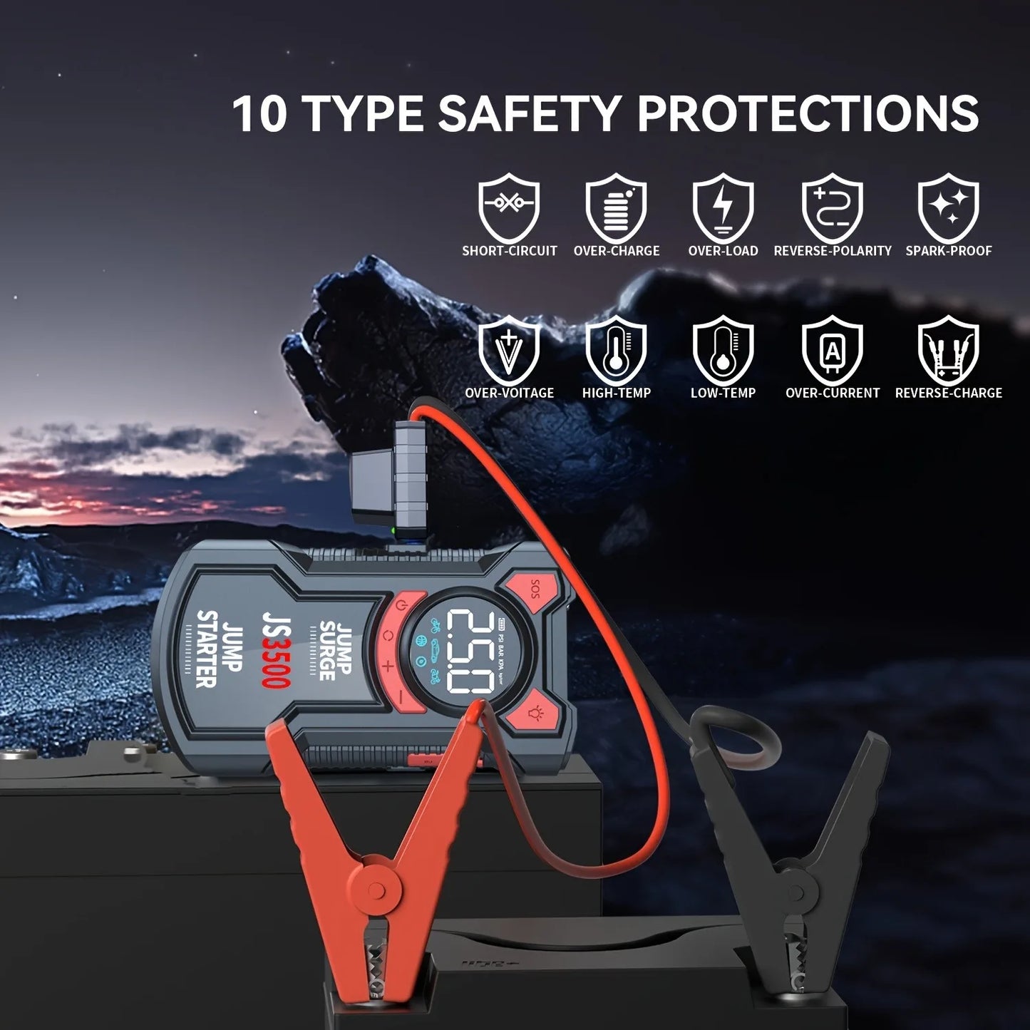 3000A Portable Car Jump Starter with Air Compressor  5-in-1 Battery Booster, Tire Inflator, LED Light & Power Bank