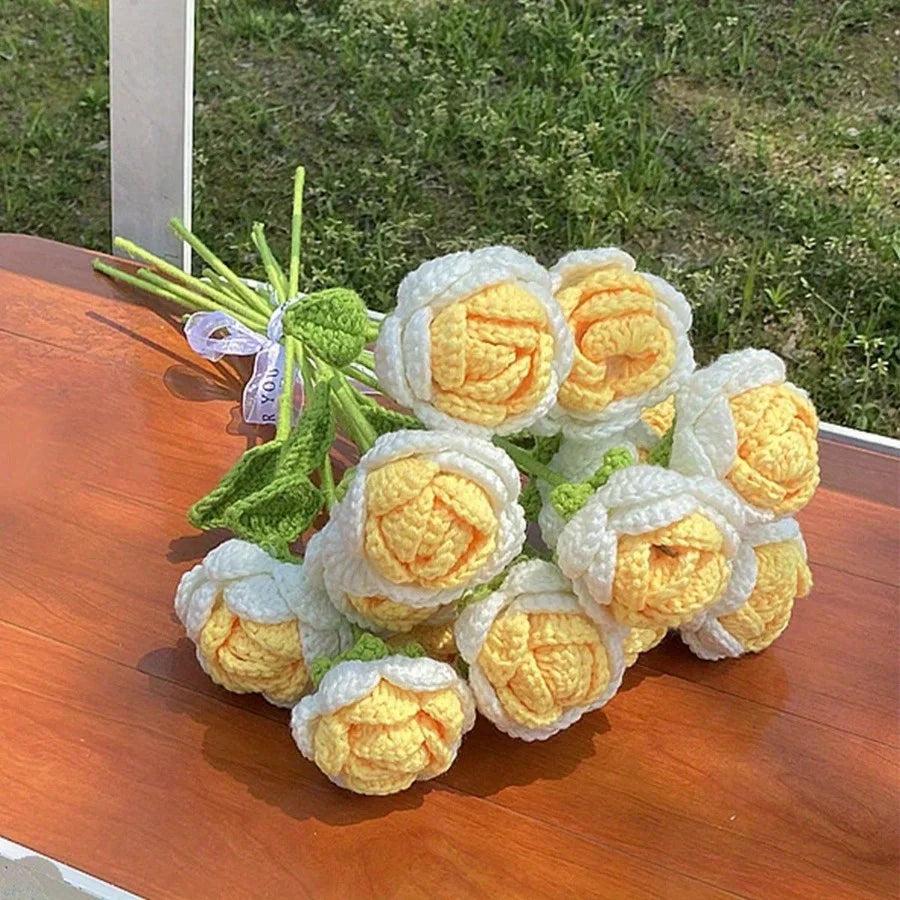 6Pcs Crochet Rose Flowers, Fake Rose Artificial Flowers Handmade Knitted Rose Bouquet Crochet Flower Bouquet Table Decoration