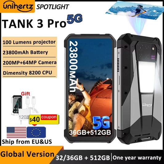 Unihertz Tank 3 Pro 8849 Rugged 5G Phone with 100 Lumens Projector Android 14 32GB 512GB 23800mAh Waterproof Phone WIFI 6 NFC