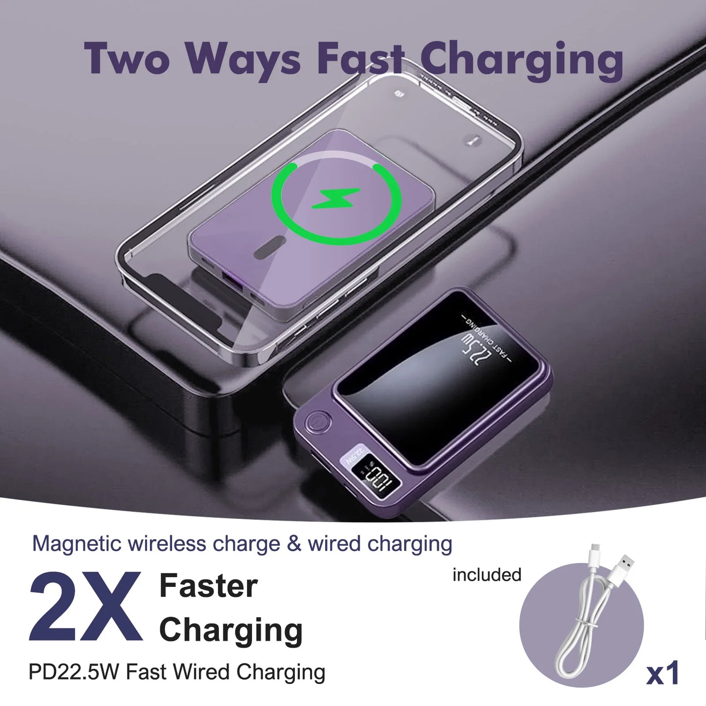 10000mAh Magnetic Wireless Power Bank, 2-in-1 Fast Charging Portable Charger with USB-C & MagSafe Compatible Battery Pack
