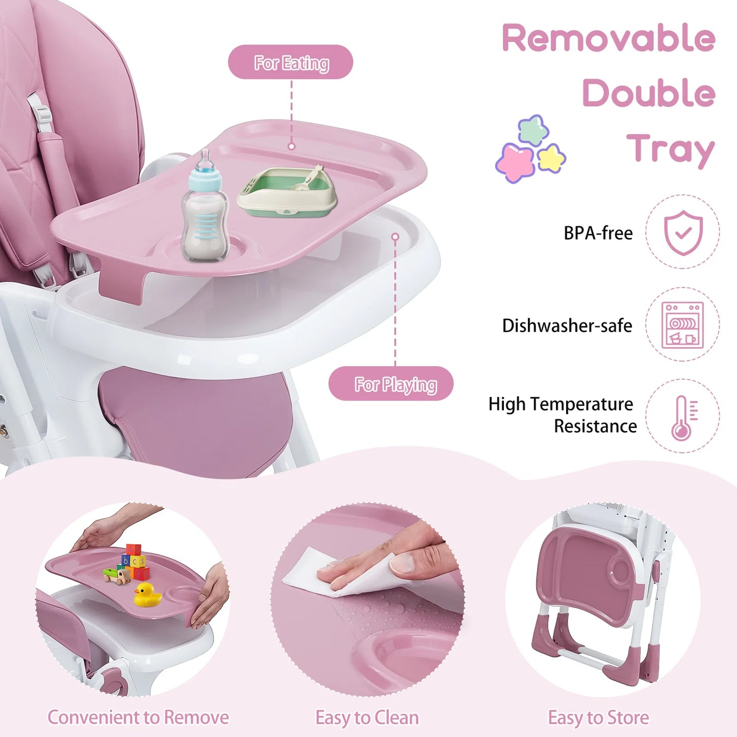 Multifunction Baby High Chair with Adjustable Height, Reclining Seat & Feeding Tray