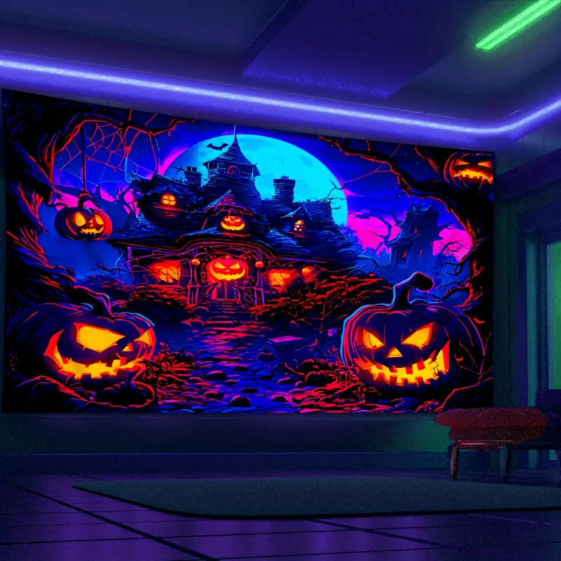 Glow In The Dark Pumpkin Tapestry With Easy Install Kit