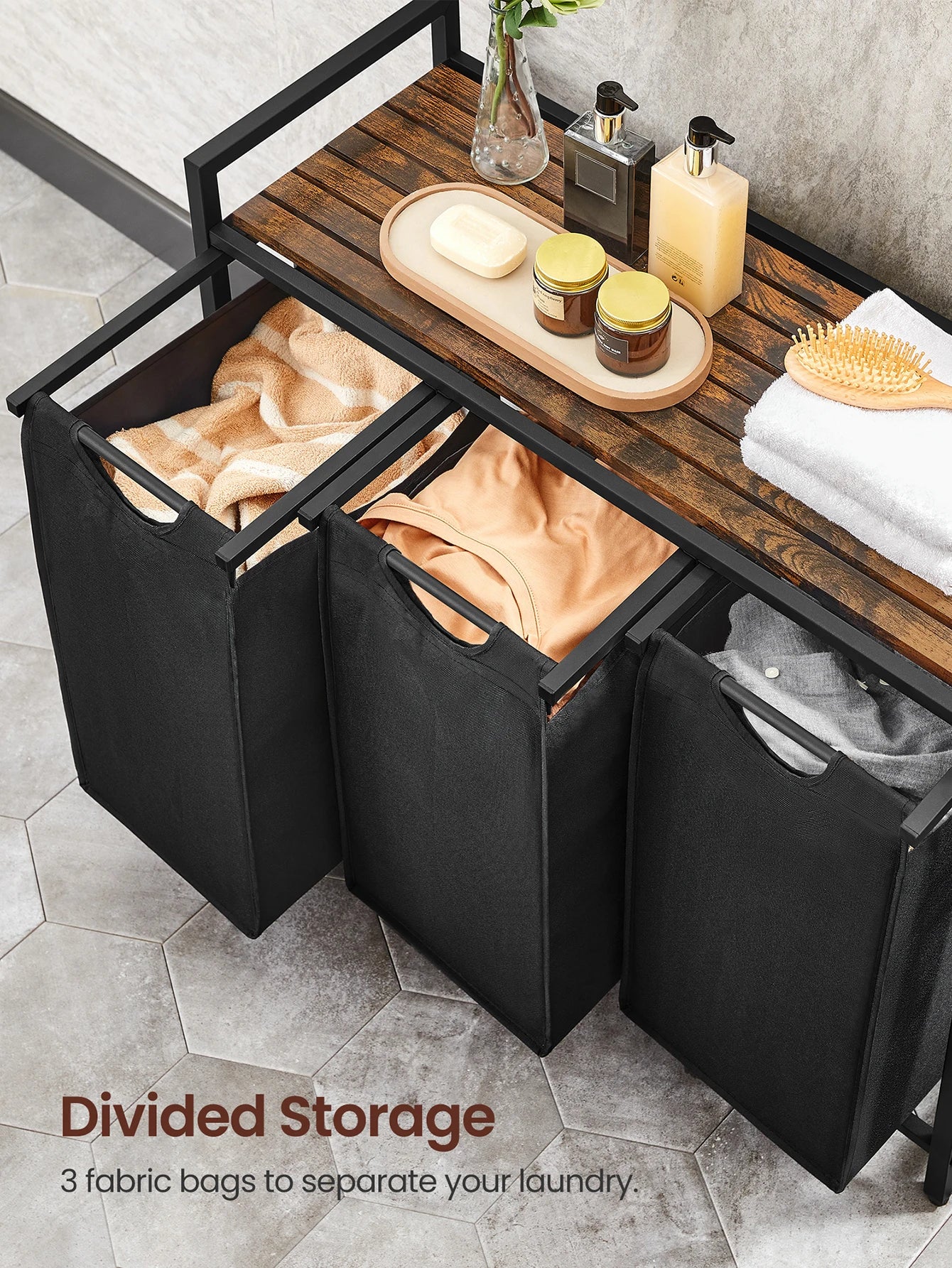 3-Bag Laundry Sorter with Rustic Wood Top. Large Laundry Hamper
