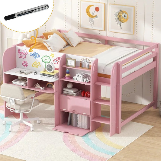 Full Size Low Loft Bed,Kids Loft Bed with Storage Cabinets and Open Bookcase,No Box Spring Need, Solid Wood Low Loft Bed Frame .
