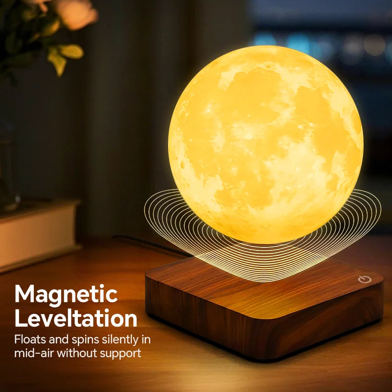 Magnetic Floating Rotating Moon Lamp  Levitating LED Night Light with Wooden Base & 3 Lighting Modes