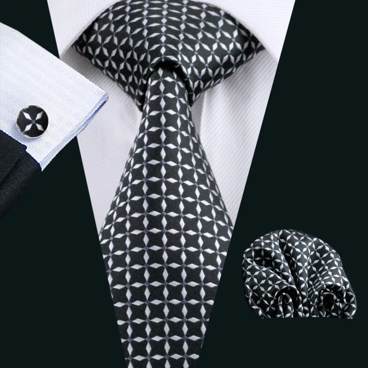 Luxury Men’s Silk Necktie Gift Set with Pocket Square, Cufflinks & Tie Clip