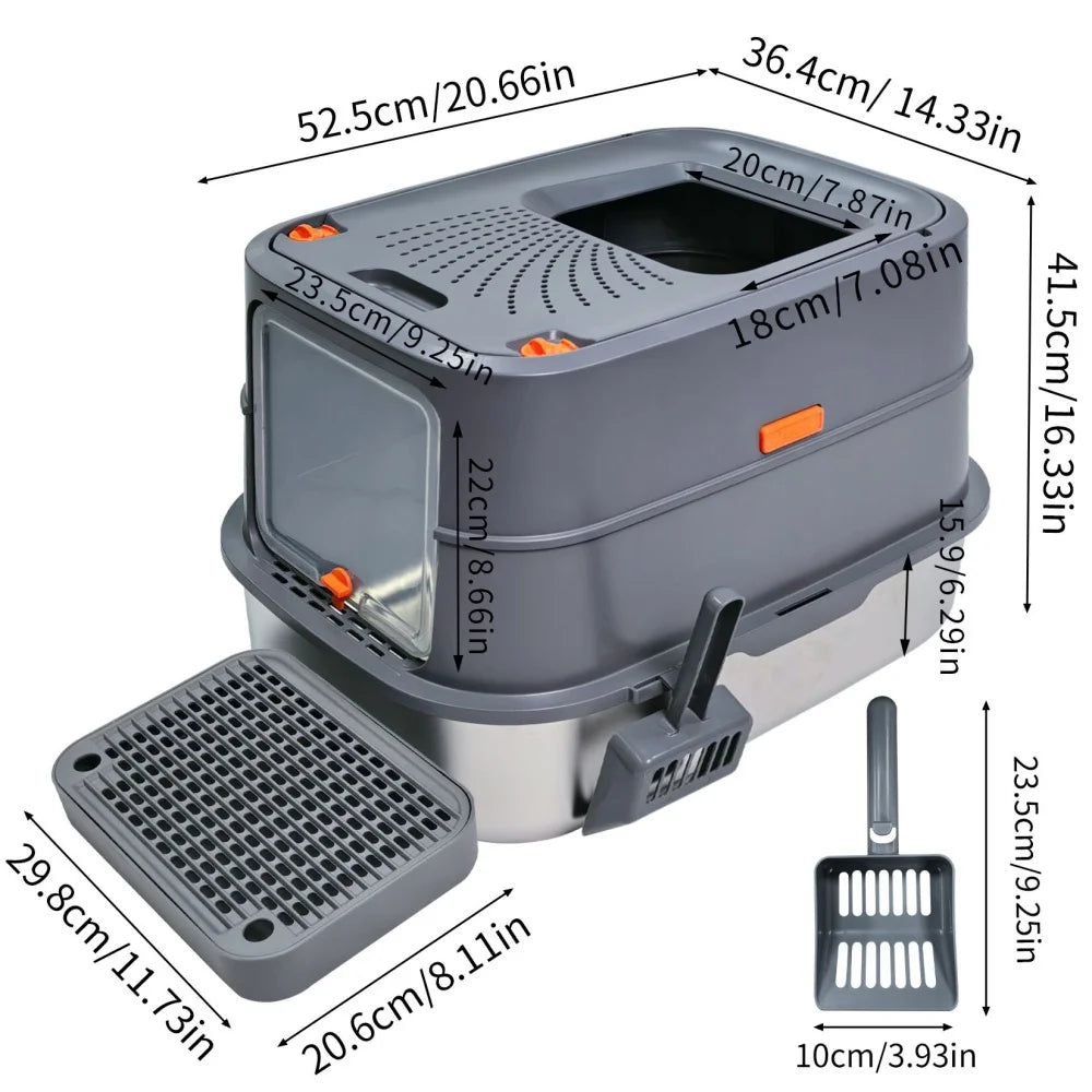 Extra Large Stainless Steel Cat Litter Box Full Enclosed Cat Litter Tray Pan High Sided Enclosure Removable Lid with Scoop