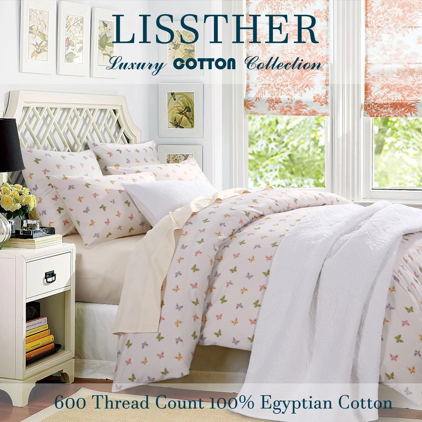3pcs 600TC 100% Egyptian Cotton Duvet Cover Set, Luxury Colorful Butterfly Design, Soft Skin-Friendly (No Inserts)