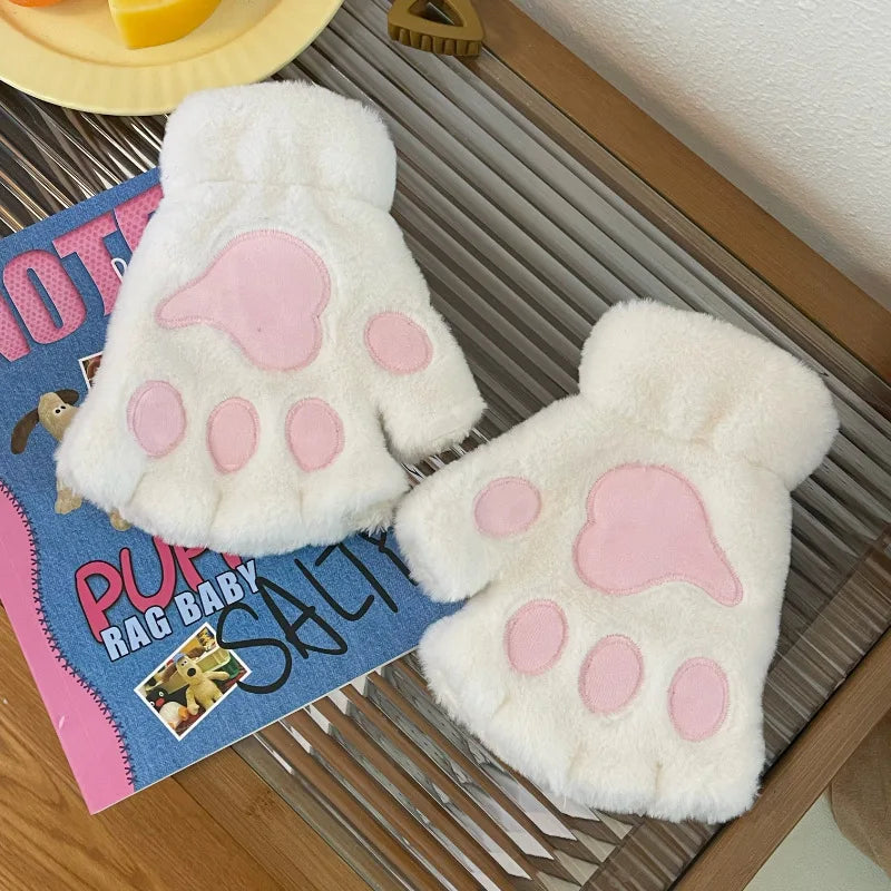 Lovely Plush Cat Paw Gloves Warm Mittens Short Fingerless
