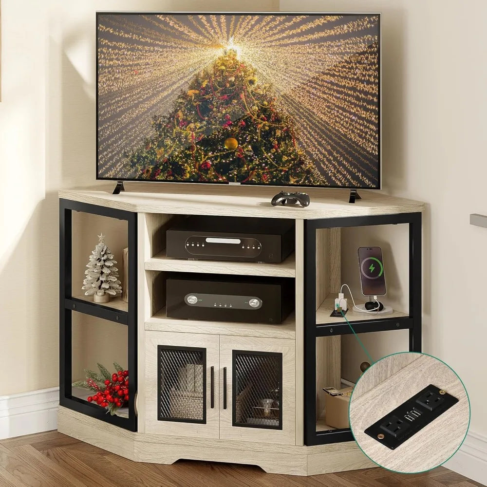 Corner TV Stand for TVs up to 55/50 Inch with Power Outlet, Modern Farmhouse Entertainment Center, Wood TV Media Console with S