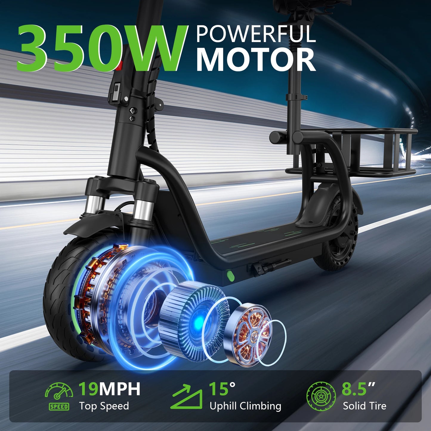 Maxshot 8.5” Electric Scooter with Seat & Basket – 350W Motor, Long Range Commuter E-Scooter
