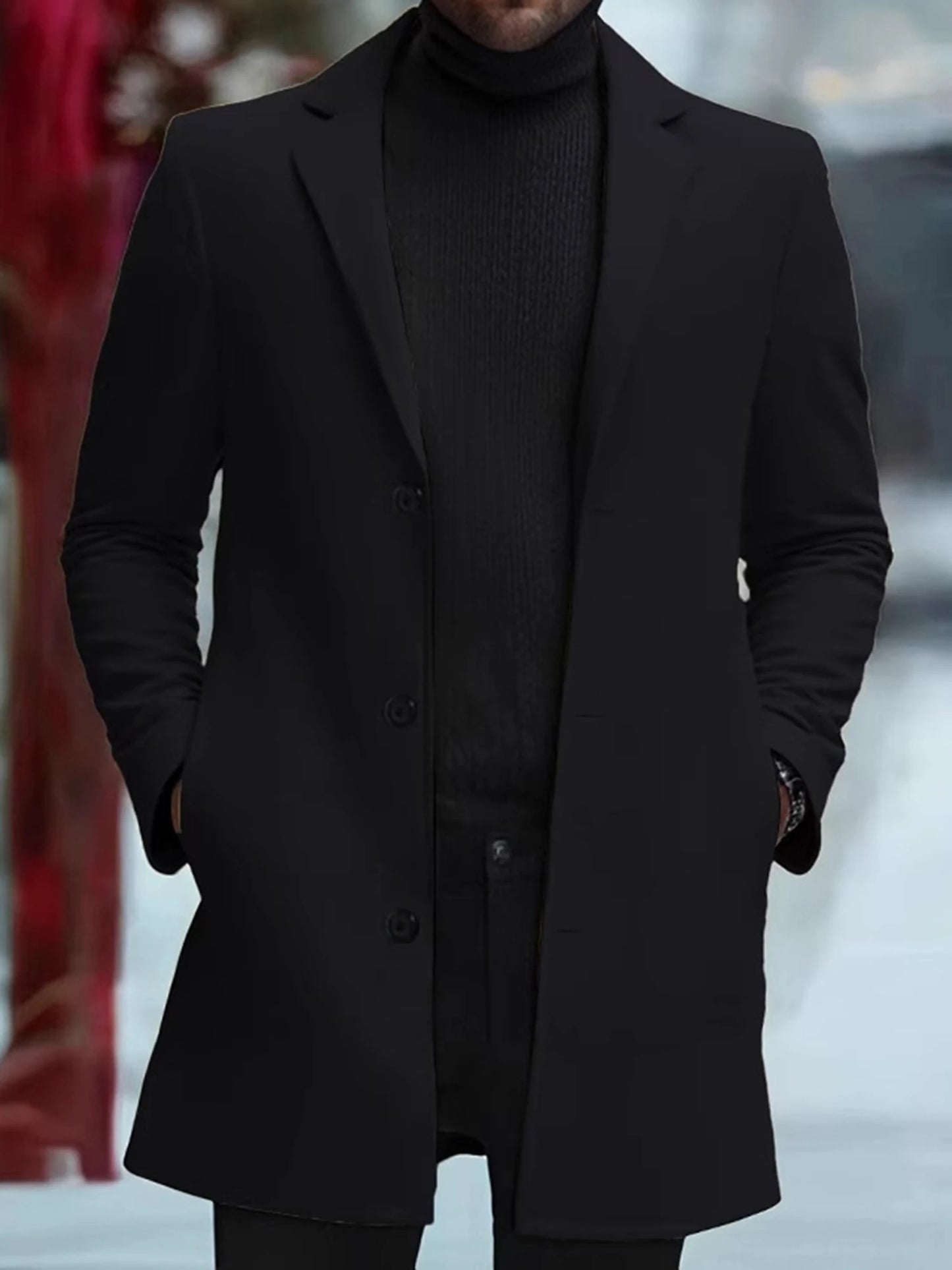 Men s Classic Wool Blend Pea Coat with Notched Lapel Collar and Single Button Closure - Stylish Mid-Length Winter Jacket for