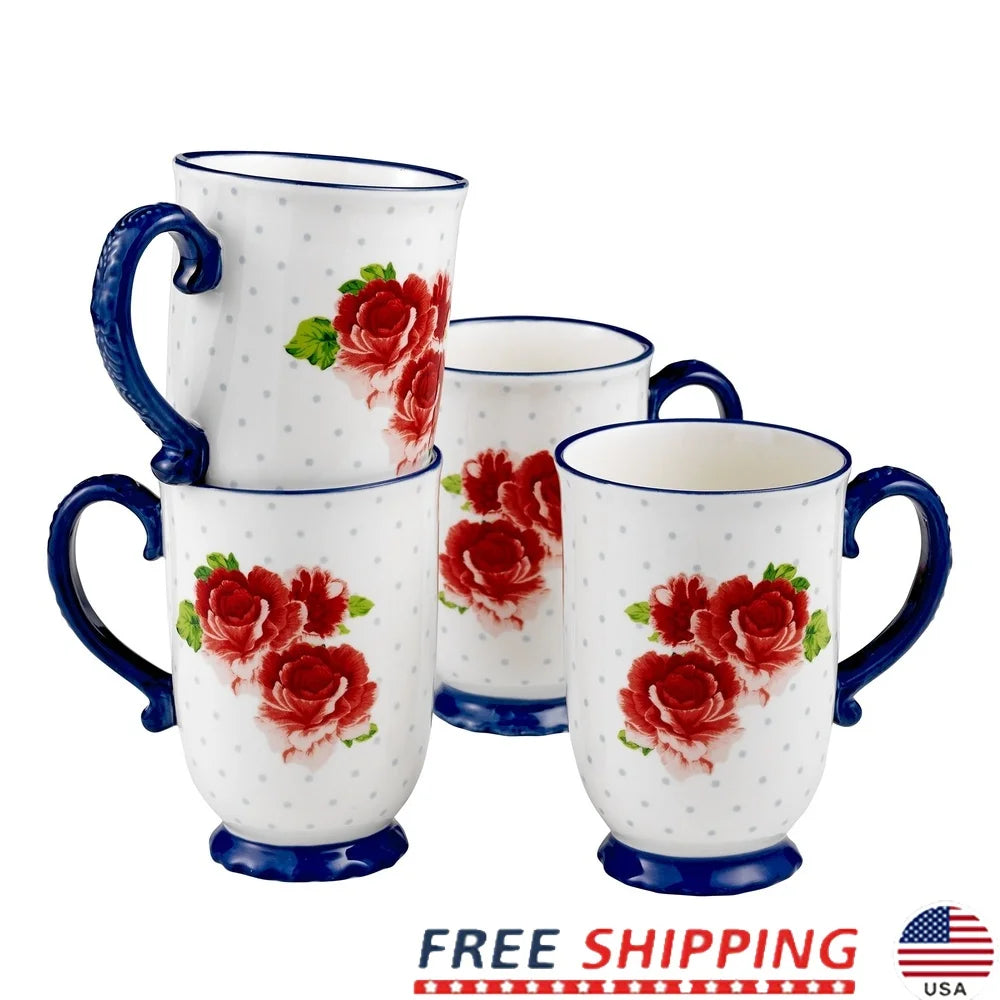 Heritage Floral 4-Piece Mug Set Vintage Coffee Tea Cups Dishwasher Microwave Safe Stoneware Charming Gift Kitchen Essentials