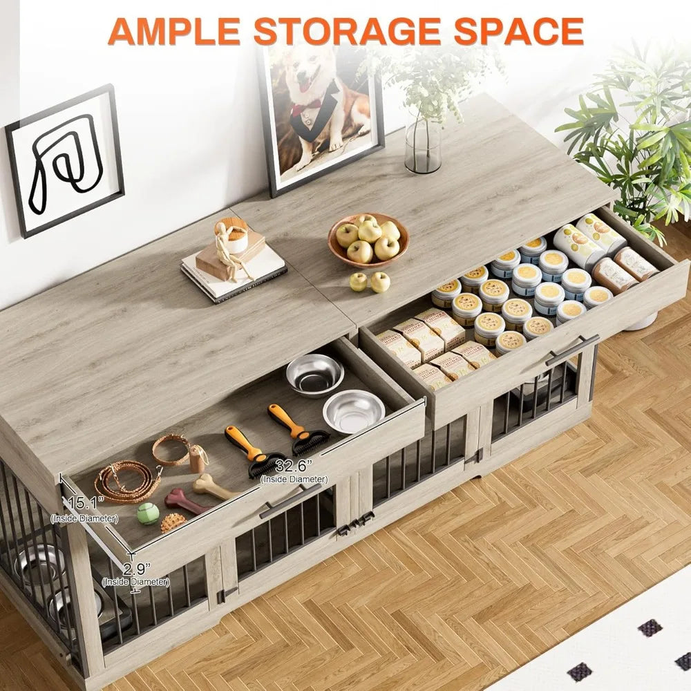 72" Dog Crate Furniture for 2 Dogs, Large Dog Kennel Furniture with 2 Storage Drawer and Removable Divider, Wooden Dog Cage wit