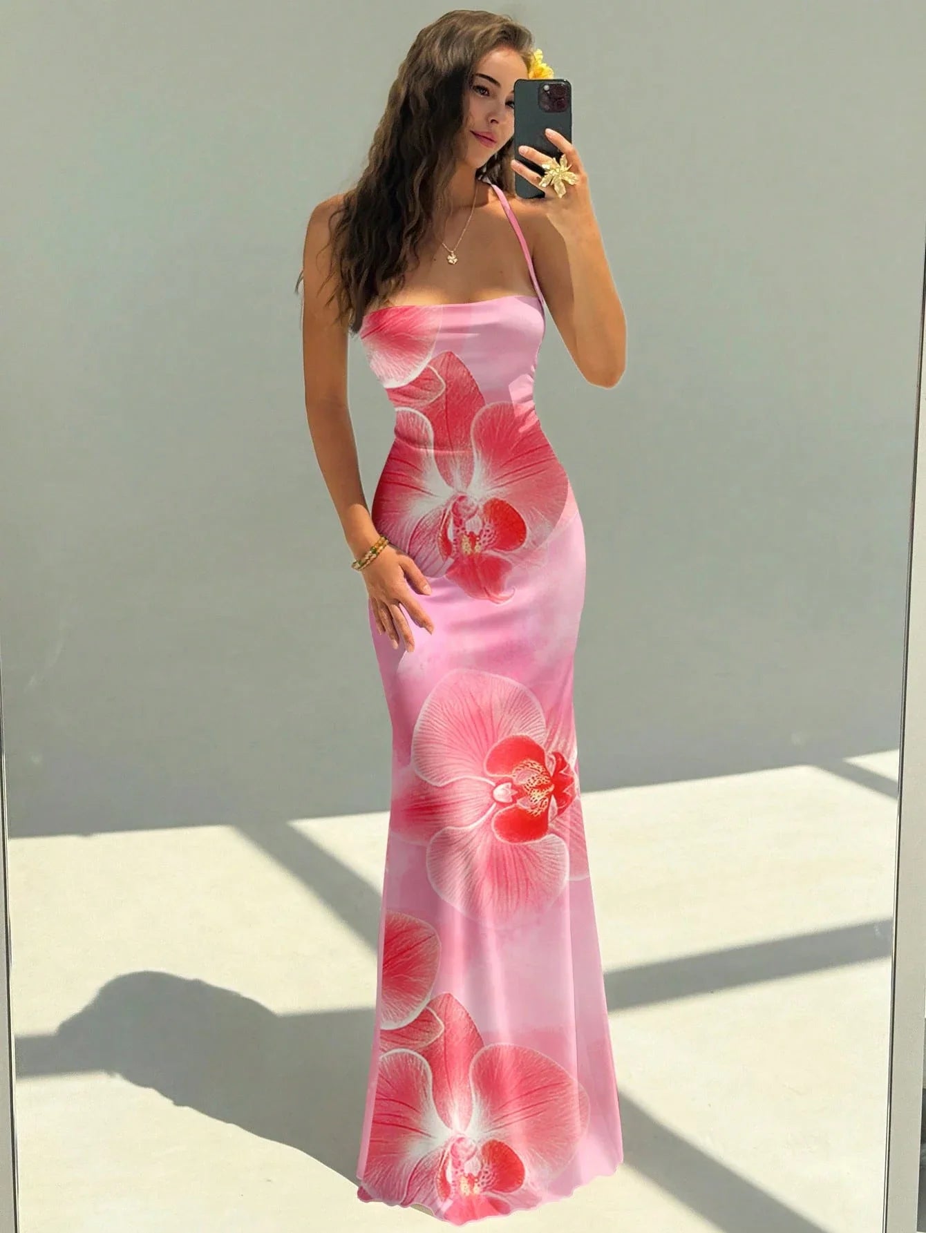 Elegant Pink Orchid Floral Print Backless Tie Strap Maxi Dress For Summer Vacation Beach Festival