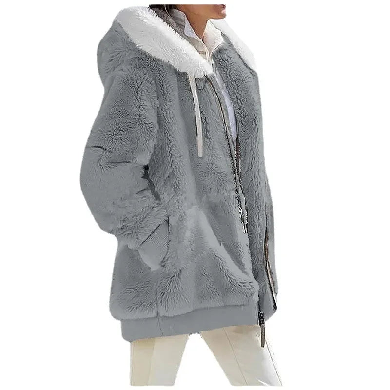 Women's Casual Hooded Winter Coat – Long Sleeve Fleece-Lined Zip-Up Jacket