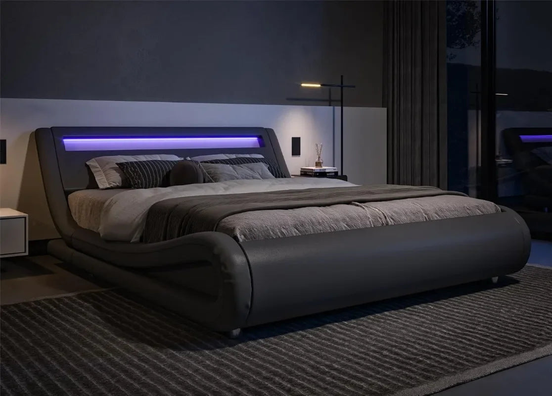 Queen Size Upholstered Platform Bed with Adjustable LED Headboard
