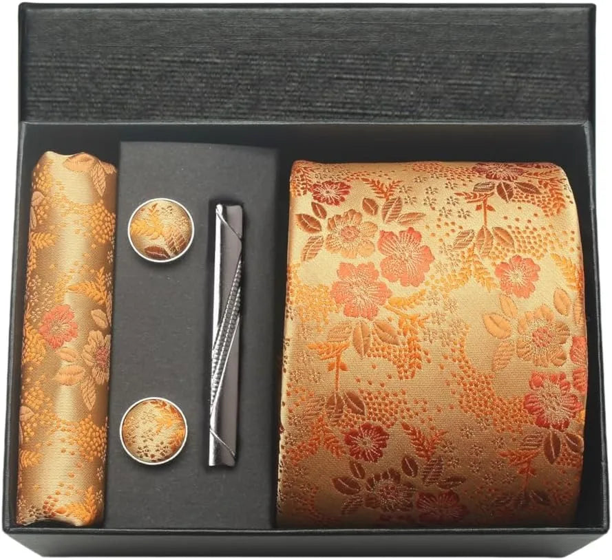 Luxury 100% Silk Paisley Floral Men’s Necktie Set | Business Tie with Matching Pocket Square & Formal Accessories