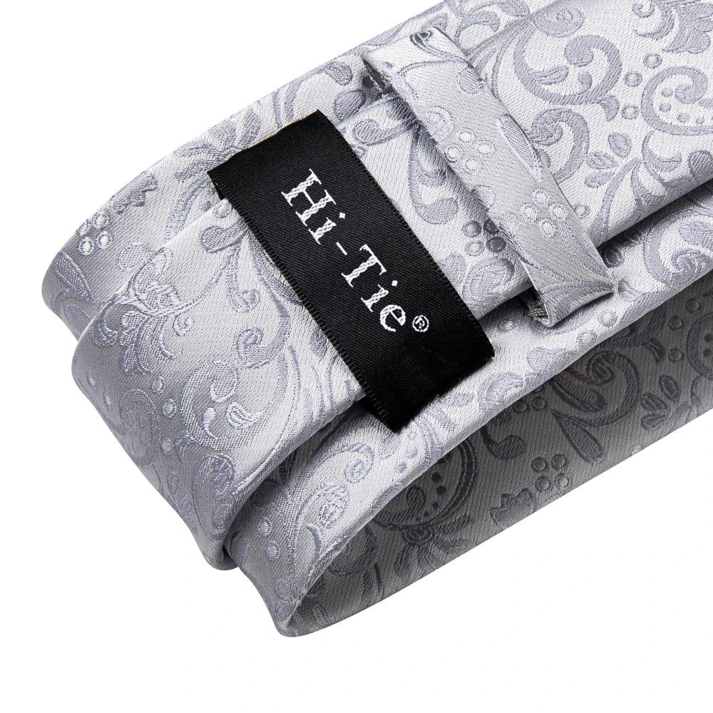 Hi-Tie Luxury Silver Men’s Necktie Set with Pocket Square & Cufflinks | Wedding, Business & Formal Events