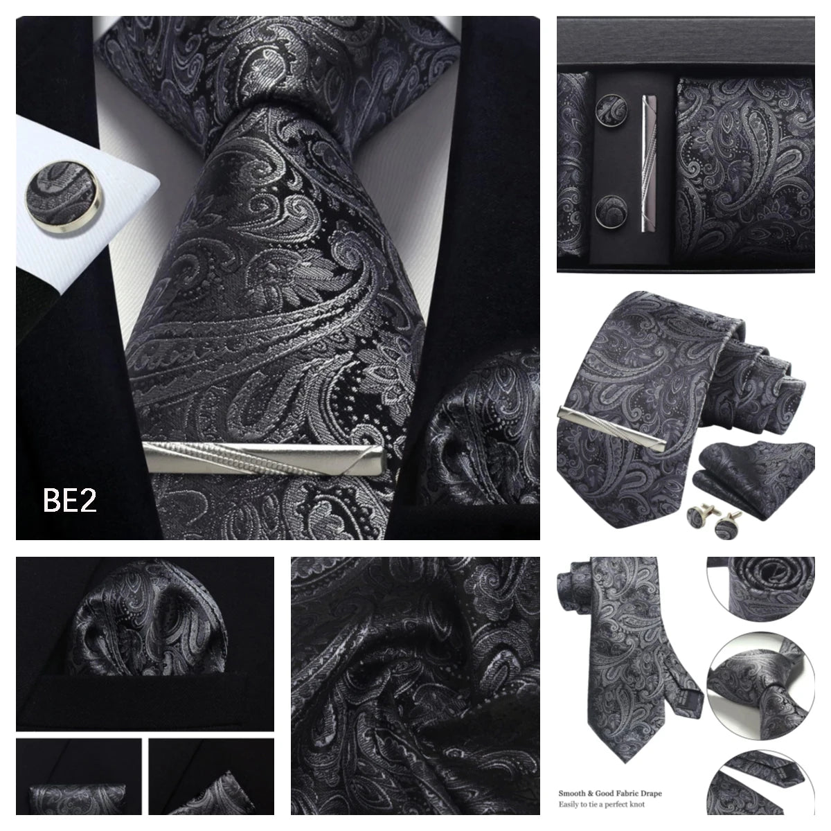 Luxury 100% Silk Paisley Floral Men’s Necktie Set | Business Tie with Matching Pocket Square & Formal Accessories