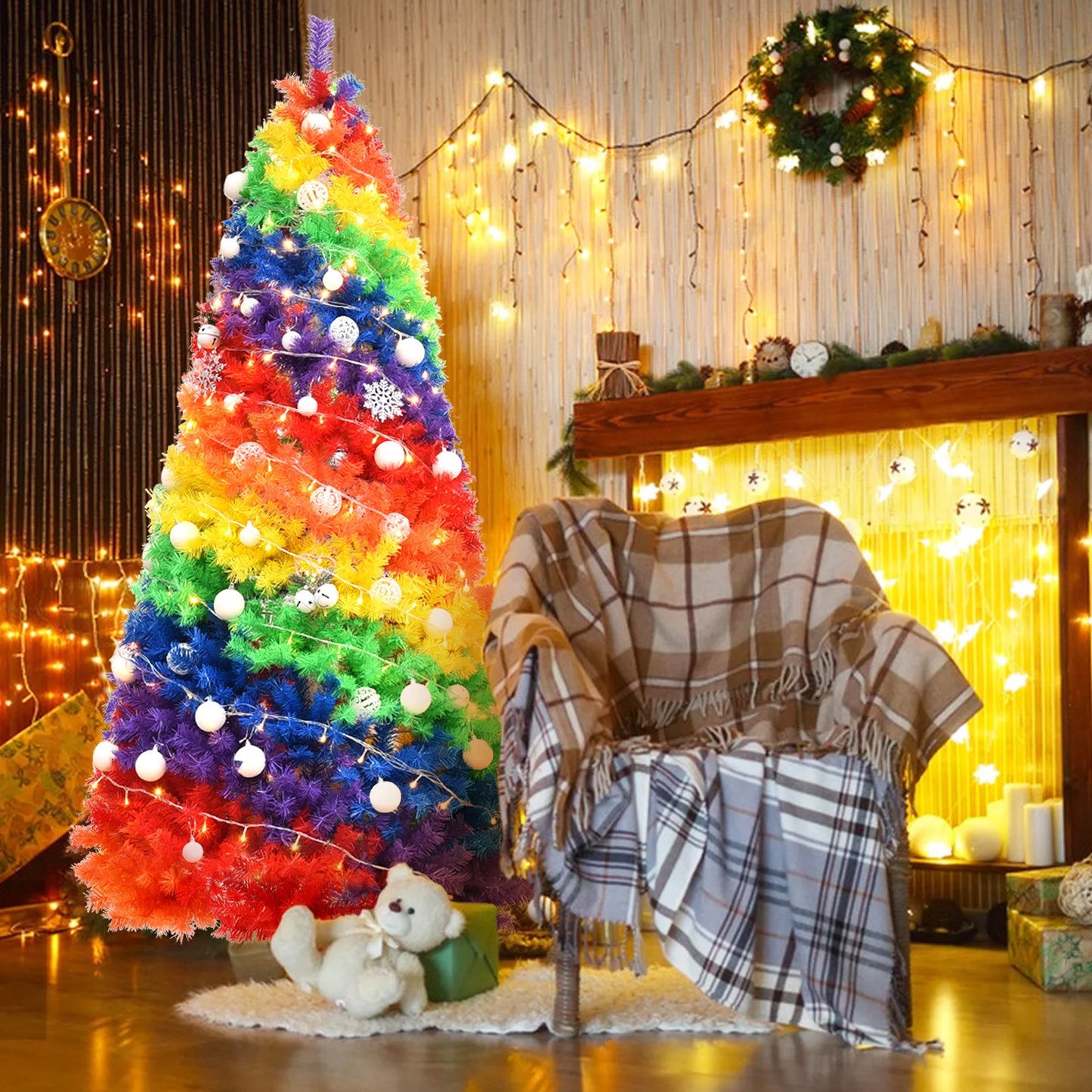 7FT Rainbow Artificial Christmas Tree . Vibrant Full Pine Holiday Tree for Festive Home Décor
