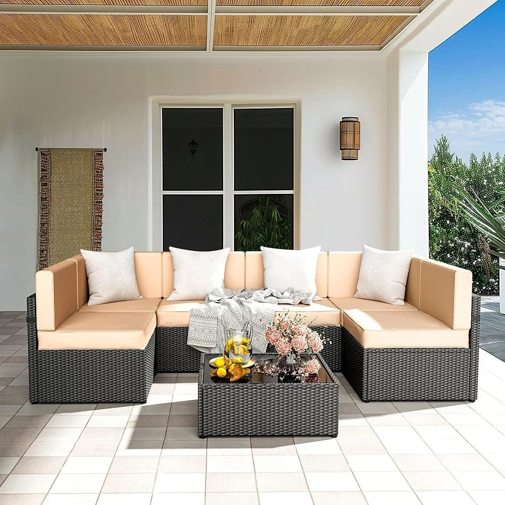 Outdoor Rattan Sectional Sofa Set 7PCS Patio Furniture Washable Cushions Tea Table Sun Loungers Garden Conversation
