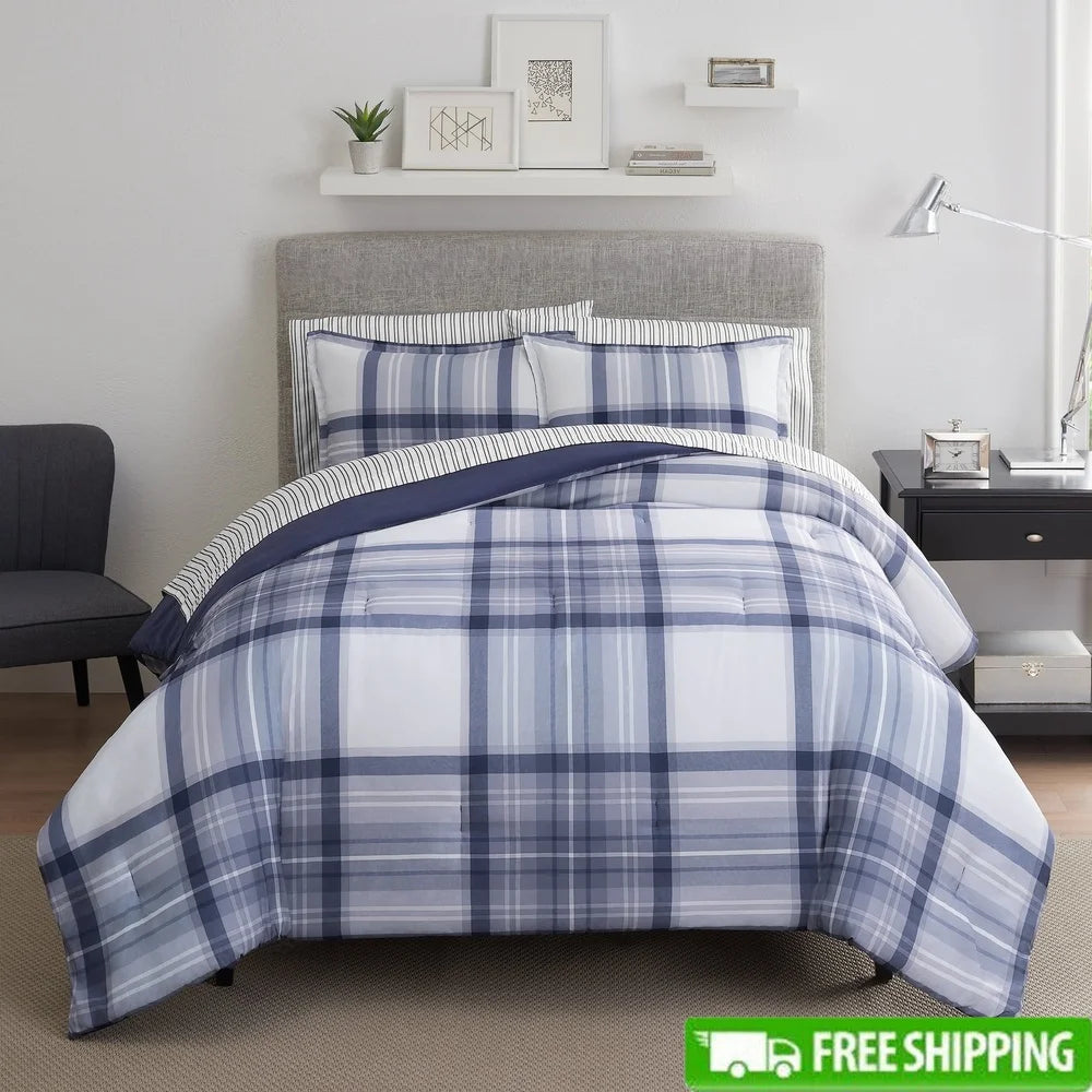 7-Piece Full Bedding Set Antimicrobial Stain Resistant Hypoallergenic Polyester Blue Plaid Bed-in-a-Bag Comforter Sheet