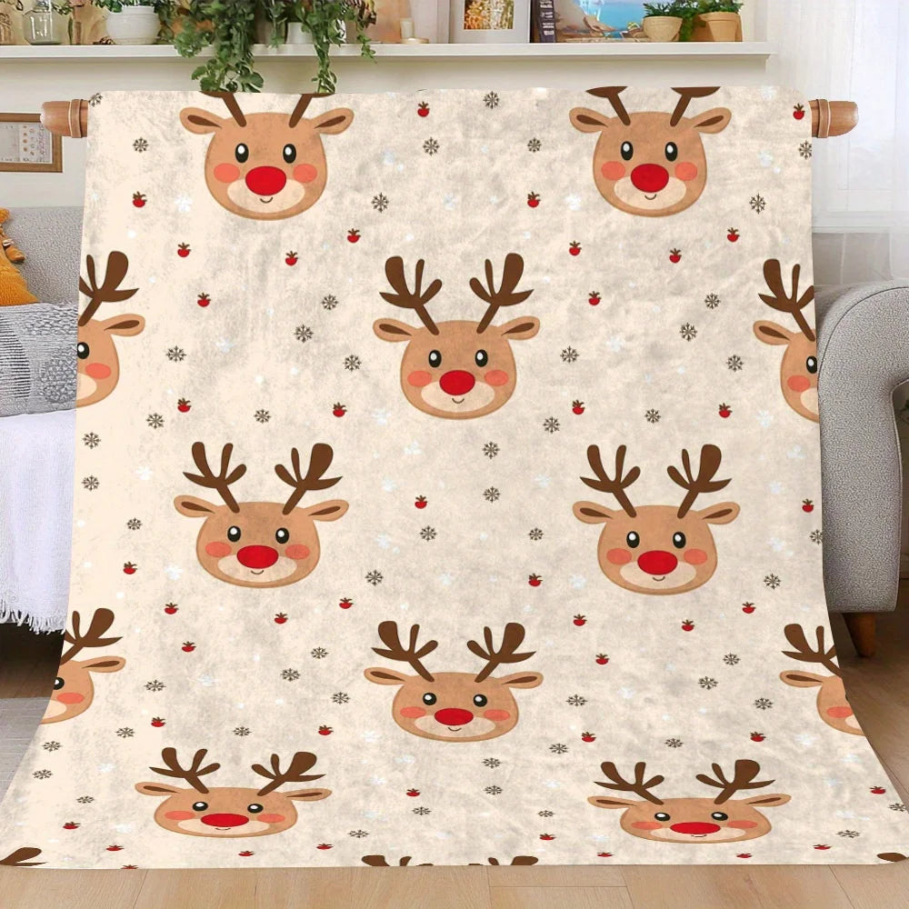 Cozy Christmas Reindeer Print Flannel Throw Blanket – Soft Warm Holiday Blanket for Sofa, Bed & Winter Décor